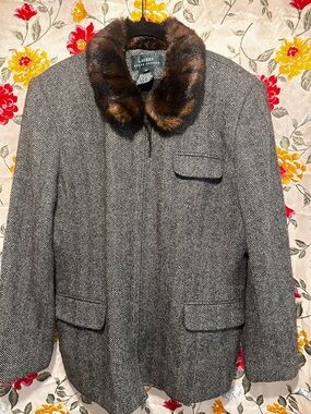 Ralph Lauren Gray Herringbone Pea Coat with Brown Fur Collar
